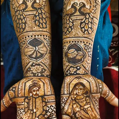 A royal wedding story told through mehndi. This design features classic Raja and Rani portraits, symbolizing the bride and groom, along with other traditional wedding ceremony elements like diyas and peacocks.