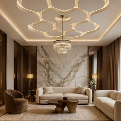 This living room features a honeycomb-patterned gypsum false ceiling with backlit LED strips. The design adds a unique geometric element and works perfectly with the modern chandelier and marble accent wall.