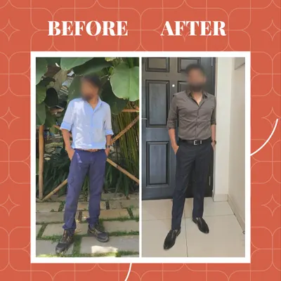 Before & After: A powerful transformation from a casual, ill-fitting look to a sharp, polished, and confident presence. This is the power of understanding fit, color, and silhouette.