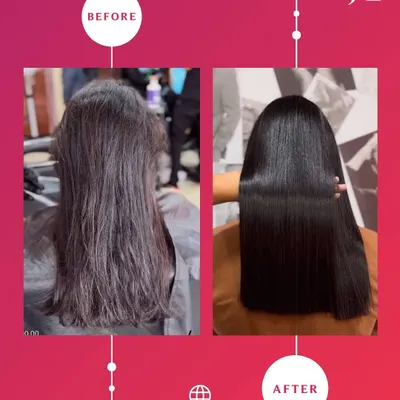 From frizzy and undefined to sleek, straight, and glossy. This before-and-after showcases the power of our professional hair straightening and smoothing treatments, resulting in healthy-looking, manageable hair.