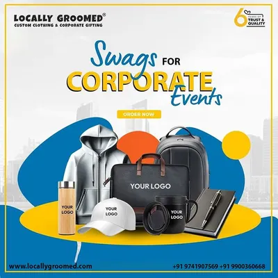 A promotional graphic showcasing a variety of swag for corporate events. This includes a hoodie, backpack, laptop bag, water bottle, cap, and mug, all ready to be customized with your logo.