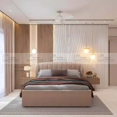 This master bedroom is a perfect example of textural play. The feature wall combines a section of wood grain with a larger panel of grooved white laminate, creating a dynamic yet soothing backdrop for the upholstered bed.