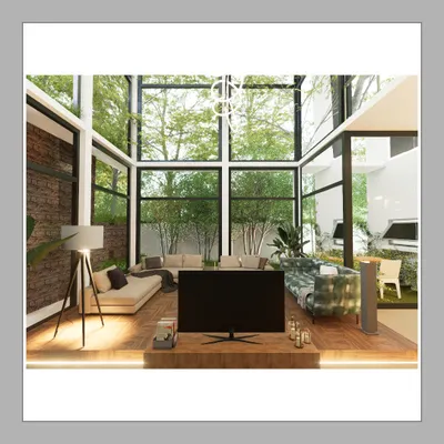 A daytime view of the living room in The Courtyard Glasshouse. The floor-to-ceiling windows flood the space with daylight and offer an uninterrupted view of the surrounding greenery, exemplifying my approach to biophilic design.