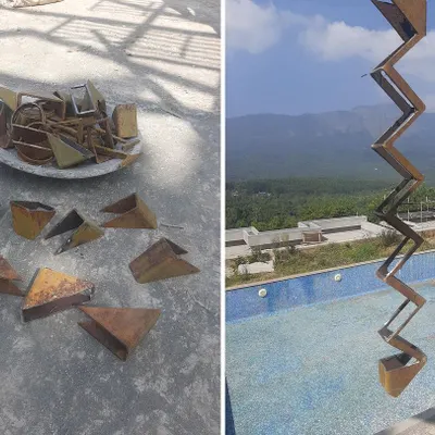 We see potential where others see waste. This split view shows our process: on the left, discarded metal scrap, and on the right, the finished, elegant rain chain it became for a boutique hotel in Chikmagalur.