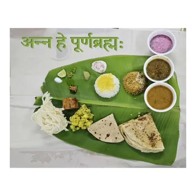 This is what 'Ann he Purnabrahma' means to me: a complete, traditional Maharashtrian meal served with respect on a banana leaf. It features everything from Varan Bhat and Puran Poli to Kurdaya and Sol Kadhi, a true feast for the senses.