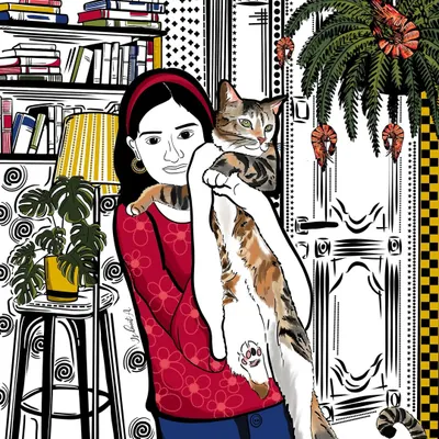 Custom creations are my happy place. This piece, made for a client, captures the special bond between a person and their cat, surrounded by the comfort of their home.