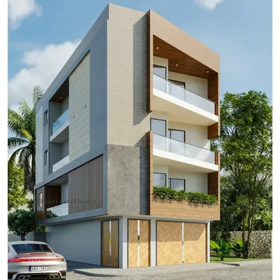A daytime render of our proposed elevation for an 1800 sq. ft. corner plot. The design wraps around the corner, using a combination of wood cladding, stone tiles, and expansive glass railings to create a cohesive and modern look.