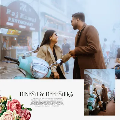 A sample album layout from a Mussoorie pre-wedding shoot, combining a hero shot with a smaller inset and elegant text.