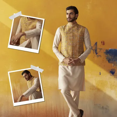 A perfect look for a Haldi or Mehendi ceremony. This bright yellow bundi jacket is paired with a simple cream kurta, creating a look that is both festive and effortlessly elegant.