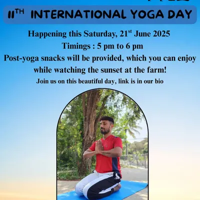 Our official poster for the International Yoga Day celebration. We invite everyone to join us for an evening of mindful movement, fresh air, and healthy food to nourish the body and soul.
