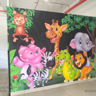 A vibrant jungle animal cartoon mural, perfect for a playroom or daycare. The bright colors and friendly characters create a fun and engaging environment for children.