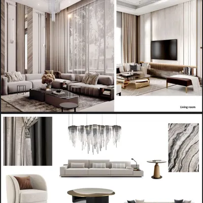 A mood board exploring a luxurious living room concept. This visual tool helps define the project's direction, showing how furniture pieces, lighting, and materials like marble and rich textiles come together.