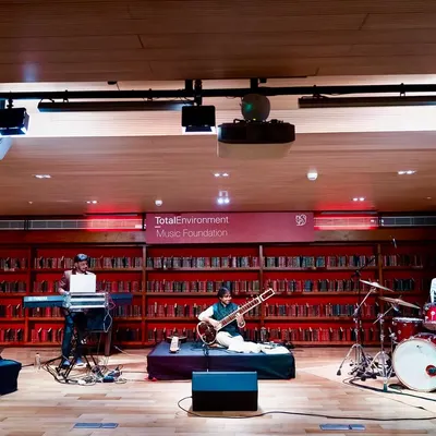 This is my fusion band 'Urja' performing at the Total Environment Music Foundation. The setup includes sitar, keyboards, tabla, and drums, creating a rich, multi-layered sound.