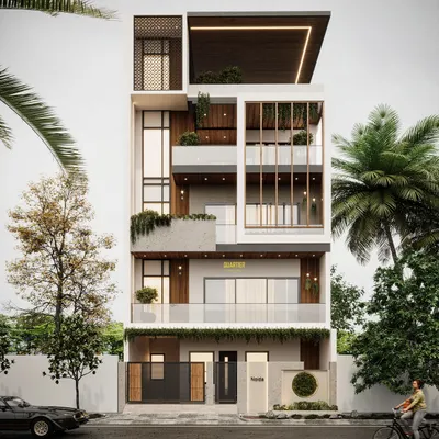 This 3D visualization showcases the exterior of an upcoming residence in Noida. The design is a symphony of clean lines and minimalism, featuring High-Pressure Laminate (HPL) cladding and large glazed windows for a sleek, modern look.