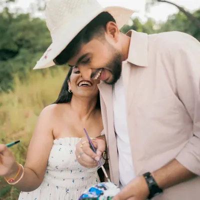 Their love story is a work of art, and for their pre-wedding shoot in Goa, we brought that metaphor to life. Here they are, painting their canvas, their laughter echoing more than the waves.
