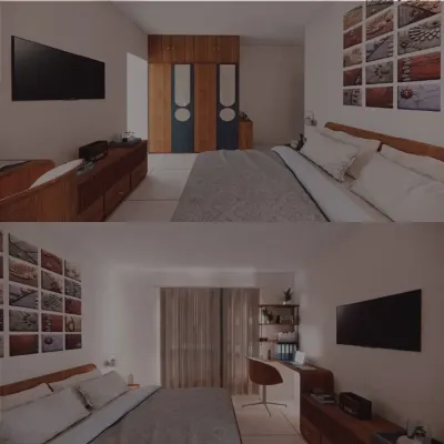 This collage shows different views of a compact bedroom at the Shekhar Patil residence. By using custom-built furniture and a light color palette, I created a space that feels both functional and serene, with dedicated zones for sleeping and working.