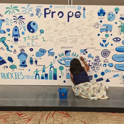 Here I am, lost in the zone while working on a 12-foot live art installation for a corporate event. The theme was "Propel," and I filled the canvas with symbols of growth, success, and collaboration, leaving space for attendees to sign and become part of the art.