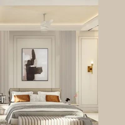 A tranquil master bedroom featuring a soft, neutral palette and layers of texture. The fluted details on the wall and bench, combined with subtle cove lighting in the ceiling, create a serene and sophisticated atmosphere.