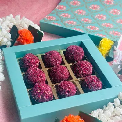 My Rose and Pistachio Truffles are made with rich white chocolate and come in this beautiful gift box, making them a perfect festive present.