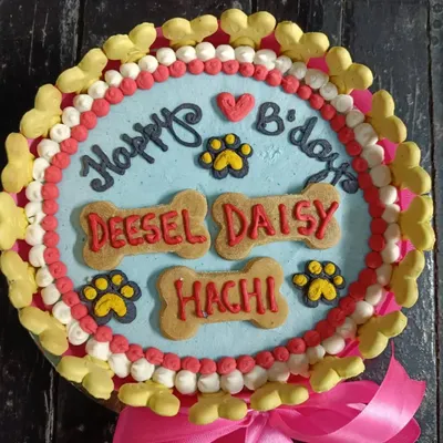 A beautifully decorated custom birthday cake for a joint celebration for Deesel, Daisy, and Hachi. I work with the best pet bakeries to create these delicious and safe centerpieces for any party.