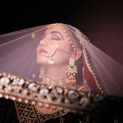 A classic bridal portrait with a modern, artistic touch. We use light and shadow to capture the bride's serene beauty and anticipation from behind her veil.