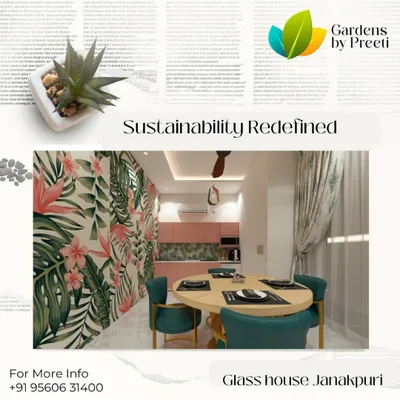 This dining space in a Janakpuri glass house shows our flair for creating vibrant, themed interiors. The tropical wallpaper, blush pink kitchen, and teal chairs come together to form a cohesive and inviting atmosphere.