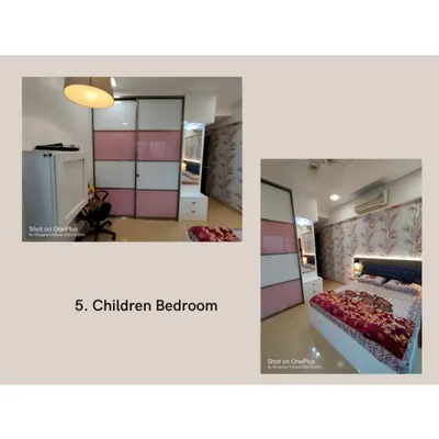 This is a children's bedroom I worked on, featuring a custom sliding wardrobe with pink and white panels. The design includes an attached dresser with a mirror to create a complete, functional unit.