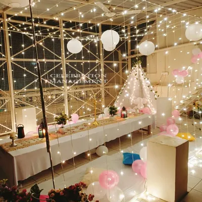 Here's a beautiful nighttime terrace setup I created. A canopy of fairy lights and hanging paper lanterns provides a magical glow over a long dinner table with comfortable floor seating.