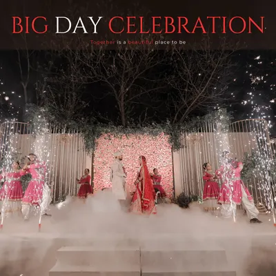 We frame your big day celebration to look as grand as it feels. Here, we captured the couple's Varmala ceremony on an elevated stage, using smoke and pyrotechnics to create a truly cinematic and unforgettable wedding moment.