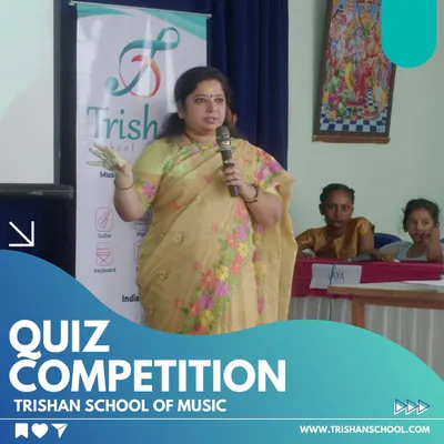 Our founder addressing students and parents at our Carnatic music quiz competition. We make learning music theory engaging and interactive.
