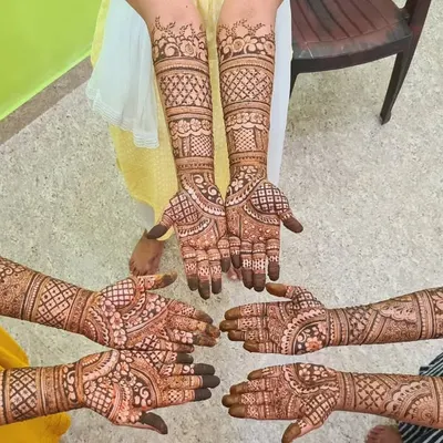 A lovely group shot from a henna party. I can create coordinated yet unique designs for the bride, her sisters, and friends.