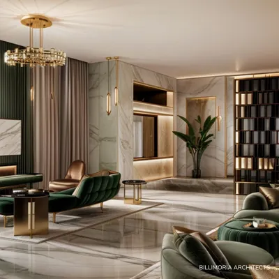 This living room combines luxurious materials like polished marble floors and rich green velvet with warm wood and brass accents. The result is a space that feels sophisticated, modern, and deeply comfortable.