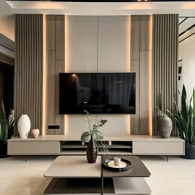 A modern TV unit with fluted wood panels and integrated vertical lighting. The low console provides storage, while the back paneling adds texture and a sophisticated focal point to the living room.