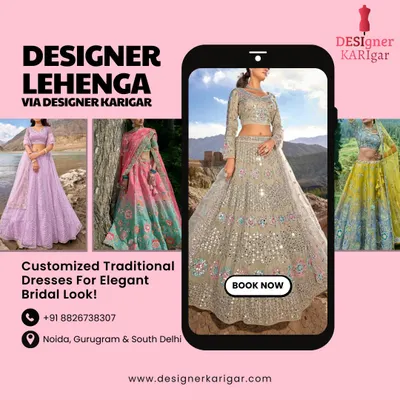 An elegant collage of designer lehengas we can customize for your bridal look. We serve Noida, Gurugram, and South Delhi, bringing your dream wedding outfit to life.