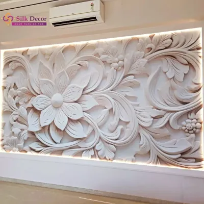This backlit 3D floral mural is the epitome of luxury wall art. The intricate, embossed white flowers create a stunning sculptural effect, adding depth and sophistication to this living space. It is a statement piece crafted from premium, imported materials.