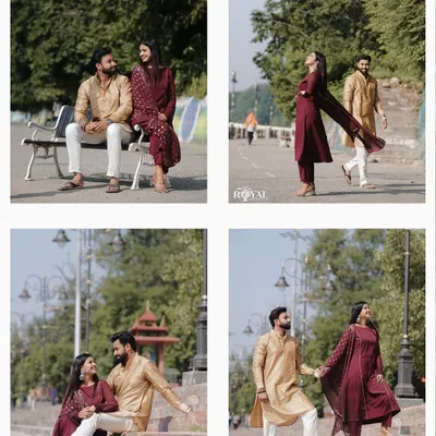 A four-panel collage showing a couple in rich, coordinated ethnic wear enjoying a sunny day at the ghats, capturing candid and posed moments.