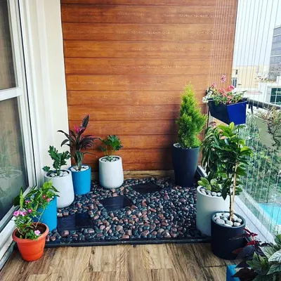 A beautiful balcony setup combining pebble flooring with a variety of potted plants. We used a mix of planters and a wooden accent wall to create a cozy, stylish corner perfect for enjoying a morning coffee.