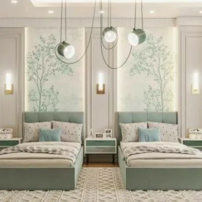 We designed this shared room with a calming mint green palette and nature-inspired wallpaper. The matching twin beds and symmetrical layout create a harmonious space, while the modern pendant lights add a stylish touch.