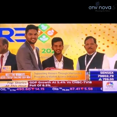 A screenshot from a CNBC broadcast showing our team being recognized as a winner of the SolarX Startup Challenge. Being featured on a national news channel provided a platform to share our mission with a wider audience.
