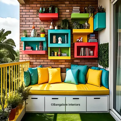 This balcony is all about joyful color. The bright yellow cushions and multi-colored floating box shelves create a cheerful and dynamic look, complemented by a practical built-in bench with storage.