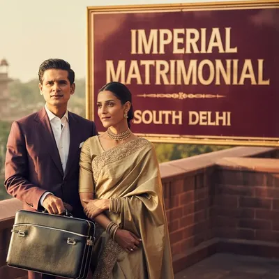 Our brand represents a legacy of trust for elite families. This image, set against our South Delhi office, portrays the sophistication and seriousness with which we approach every matrimonial alliance.
