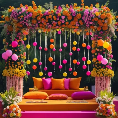 A stunning outdoor Mehendi stage bursting with color, featuring a canopy of marigolds and roses, hanging decorations, and a comfortable seating area.