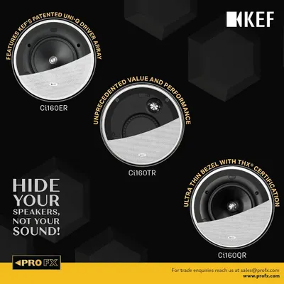 Hide your speakers, not your sound. This graphic showcases the KEF Ci series of architectural speakers, which feature ultra-thin bezels and flush mounting for a discreet look, delivering THX-certified performance.