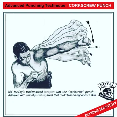 The corkscrew punch is an advanced technique for maximizing impact. This guide illustrates how the final twist of the wrist can increase power and even tear an opponent's skin, a trademark of legendary boxer Kid McCoy.