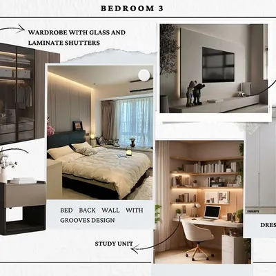 Every project starts with a mood board. This one for a bedroom shows the proposed design elements, including a wardrobe with glass shutters, a study unit, and a bed back wall with a groove design, all in a minimalist, contemporary style.