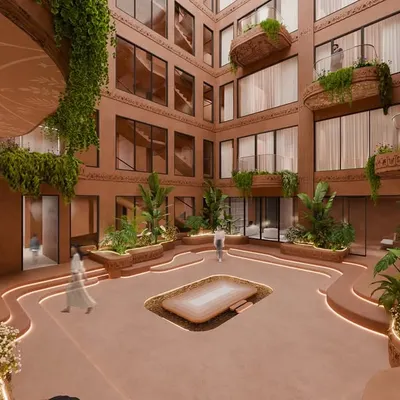 At the heart of our Tirupati wellness retreat is this grand courtyard, open to the sky. The terracotta walls, intricate Kalamkari detailing, and lush greenery create a living, breathing space that is serene and timeless.