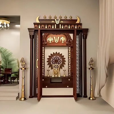 A magnificent, traditional pooja mandir I crafted from dark wood. This freestanding unit features intricate carvings, ornate doors, and brass detailing, creating a truly divine spiritual corner.