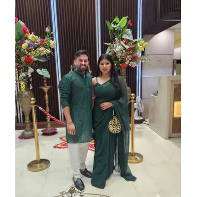 A full-length shot of us after wrapping up the sangeet project for our clients Arushi and Daniel. We love dressing up for our clients' special events.
