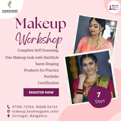 Join my 7-Day Self-Grooming Workshop to learn everything you need for a flawless personal look. We cover a complete makeup look with hairstyling, saree draping techniques, and you'll receive a certificate and photos for your portfolio.