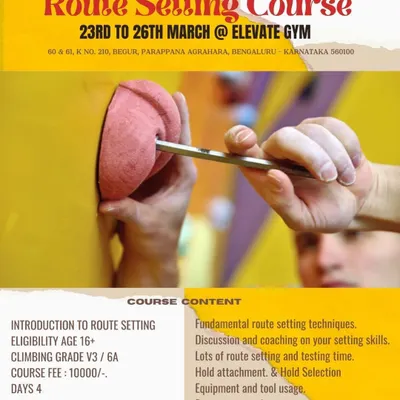 This poster details our Route Setting Course, an advanced workshop for experienced climbers. You'll learn fundamental setting techniques, hold selection, and safety protocols from an expert.